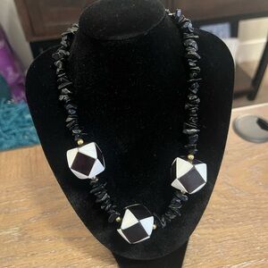 Black Onyx Chip Necklace with Geometric Black White Resin Beads